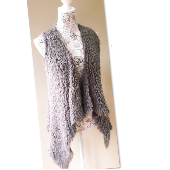 Kenzie Taupe Shaggy Faux Fur Open Vest Cardigan - Picture 2 of 3